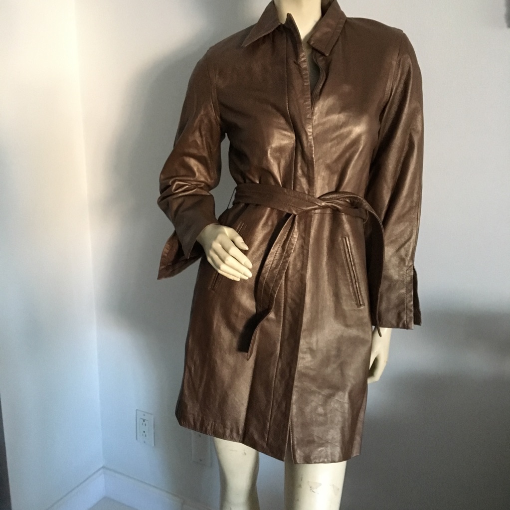 Vintage Leather Tie Waist Trench Coat With Pockets, Collared, Split Sleeve